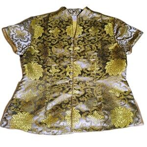 Qiong‎ Yu 100% Silk Brocade Chinese Cheongsam Top Blouse Sz L Gold Black Floral